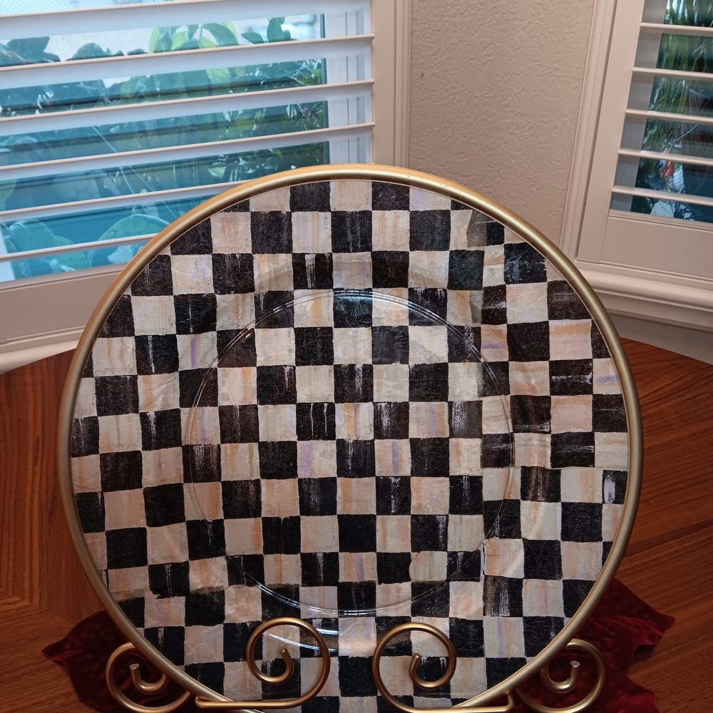 Set Of 4 Black and White Checker Plates With Gold Trim 13 Inch